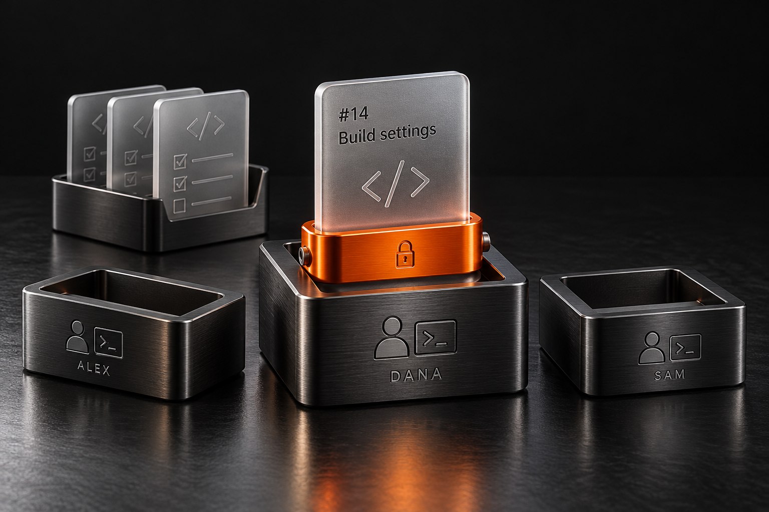 Three personal agent stations in brushed metal. Task 14 is held in an orange lock at Dana's station. Alex and Sam have empty slots and cannot claim that task. More tasks wait in a shared queue behind them.